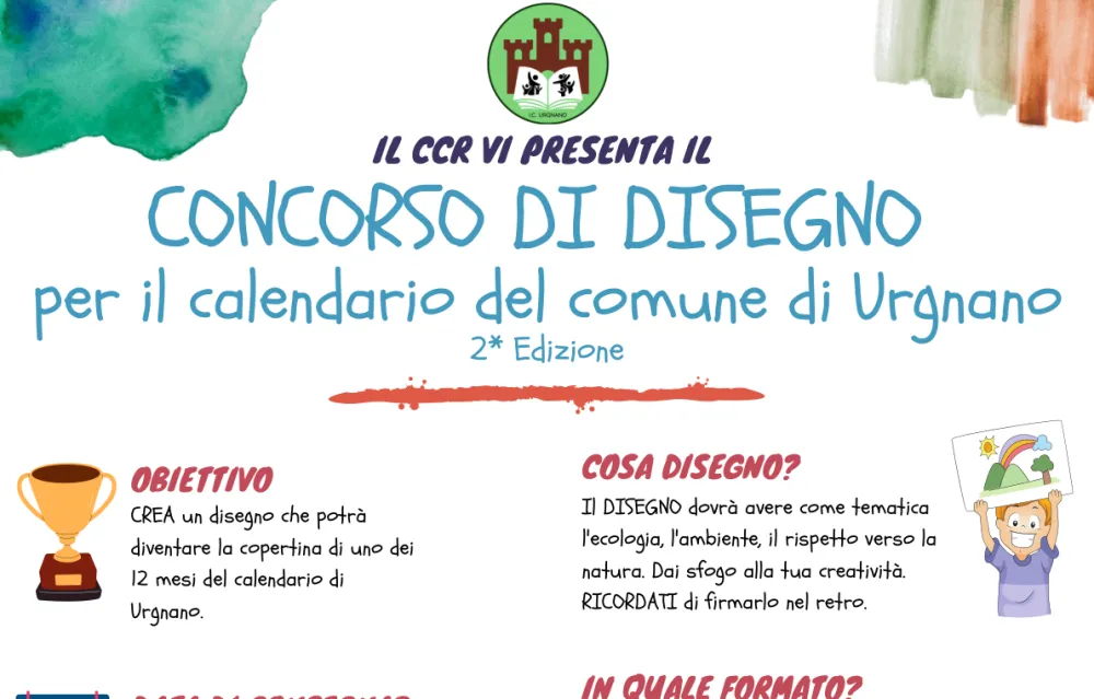 La locandina «Il CCR vi presenta il concorso di disegno per il calendario del Comune di Urgnano, 2ª edizione», con obiettivo e tema: ecologia, ambiente e rispetto della natura.