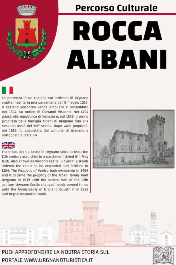 Il pannello del percorso culturale dedicato alla Rocca Albani: titolo grande, testo in italiano e in inglese, una fotografia d'epoca della rocca e il rimando al portale Urgnano Turistica.