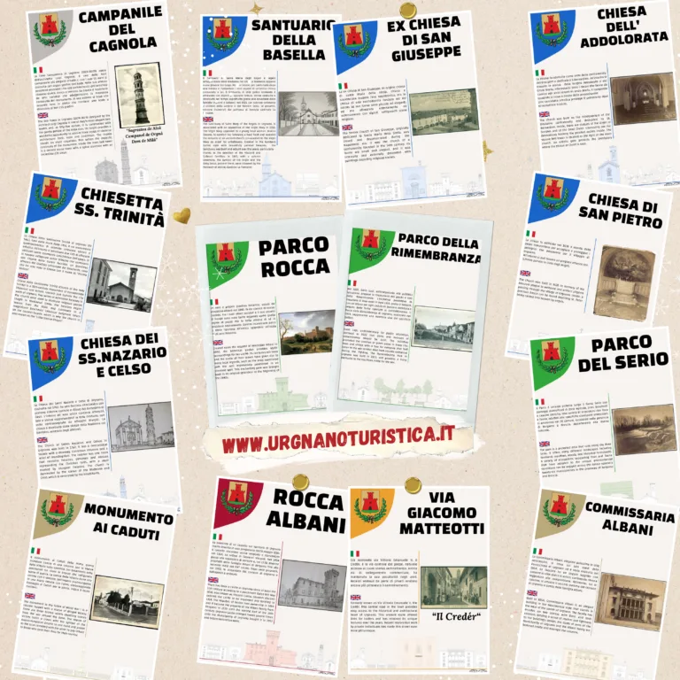 Un collage dei pannelli del percorso culturale: campanile, santuario, chiese, parchi, monumento ai caduti e Rocca Albani, con l'indirizzo del portale turistico al centro.