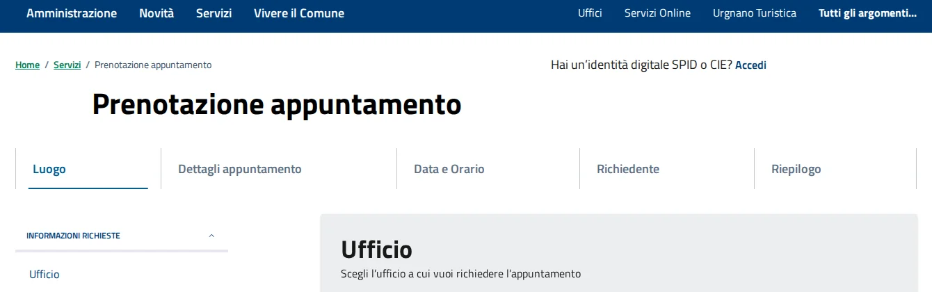 La pagina «Prenotazione appuntamento» del sito comunale, con i cinque passaggi Luogo, Dettagli appuntamento, Data e orario, Richiedente, Riepilogo e la scelta dell'ufficio.