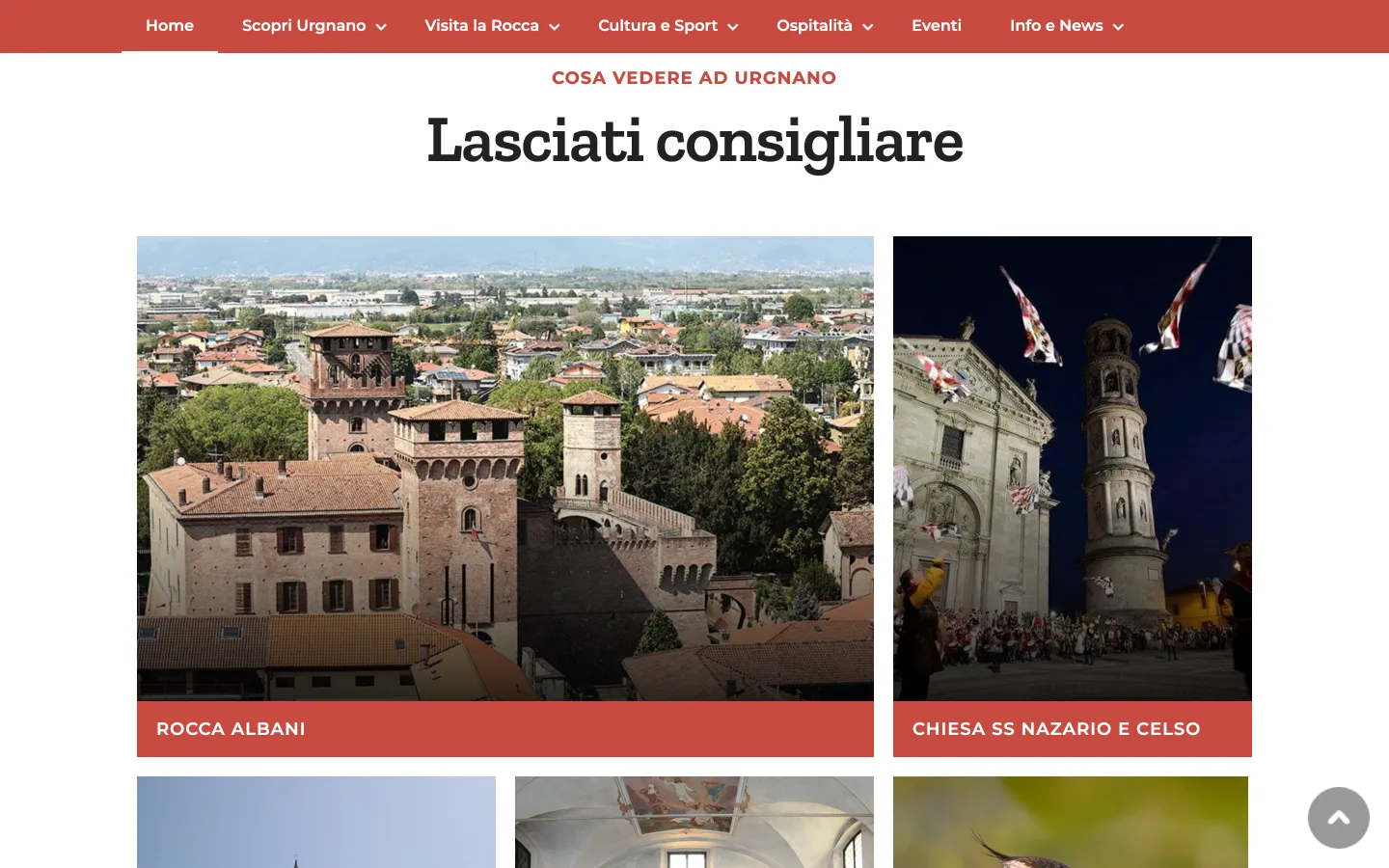 Il portale Urgnano Turistica su desktop, sezione «Lasciati consigliare»: schede fotografiche della Rocca Albani e della chiesa dei Santi Nazario e Celso.