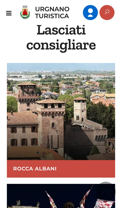 Il portale Urgnano Turistica su smartphone: la sezione «Lasciati consigliare» con la scheda della Rocca Albani.