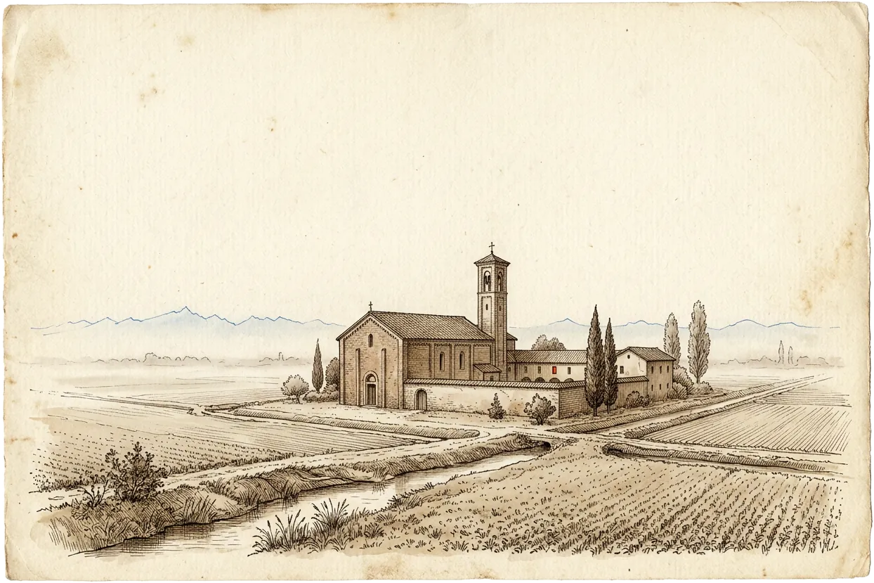Un piccolo monastero di mattoni con il campanile, solo nella pianura all'alba: campi, un fosso d'acqua, cipressi e pioppi, la nebbia bassa e le Alpi appena accennate all'orizzonte.