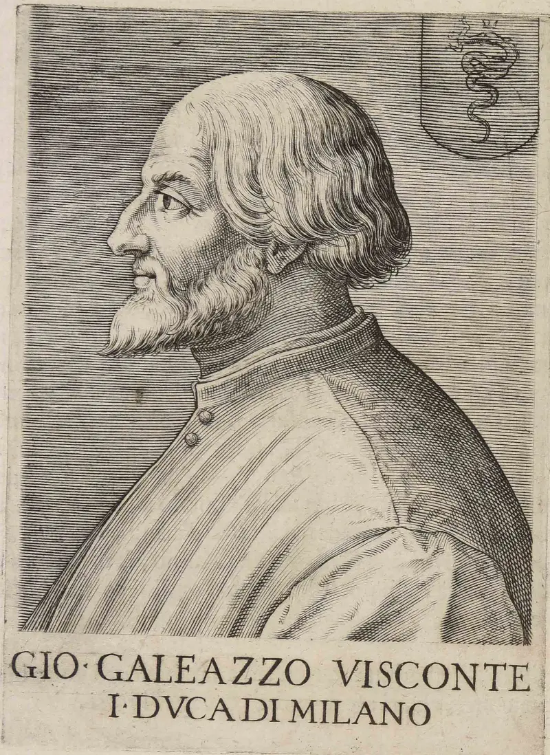 Incisione: Gian Galeazzo Visconti di profilo, con barba e capelli fino al collo, in una veste abbottonata; in alto a destra lo scudo con il Biscione, in basso la scritta «Gio. Galeazzo Visconte, I duca di Milano».