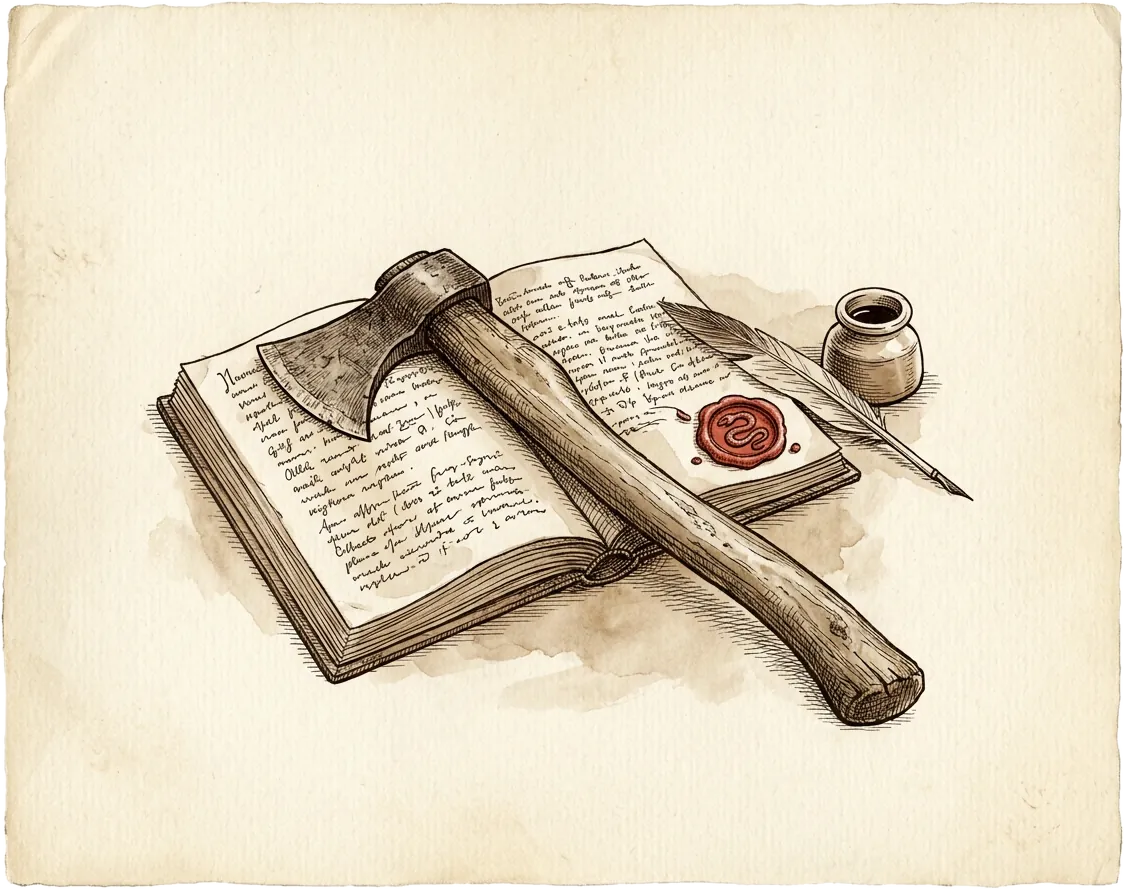 Una scure dal manico consumato appoggiata su un manoscritto aperto, accanto a un sigillo di ceralacca rossa con il Biscione, una penna d'oca e un calamaio.