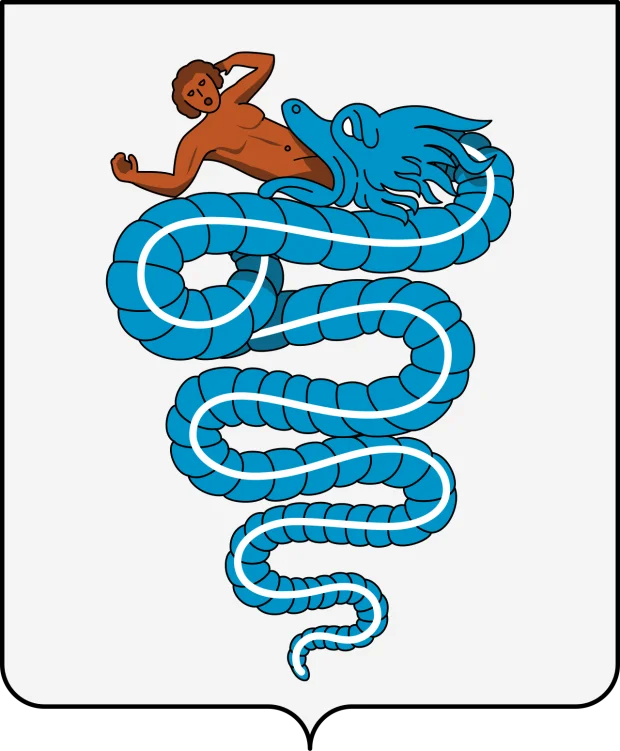 Lo stemma dei Visconti: su uno scudo chiaro, un serpente azzurro che si attorciglia in verticale e ha in bocca un uomo.
