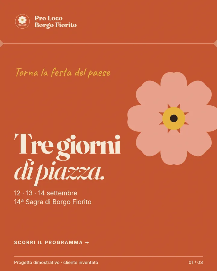 Slide terracotta con emblema floreale, grande fiore rosa e titolo «Tre giorni di piazza», per la 14ª Sagra di Borgo Fiorito del 12–14 settembre.