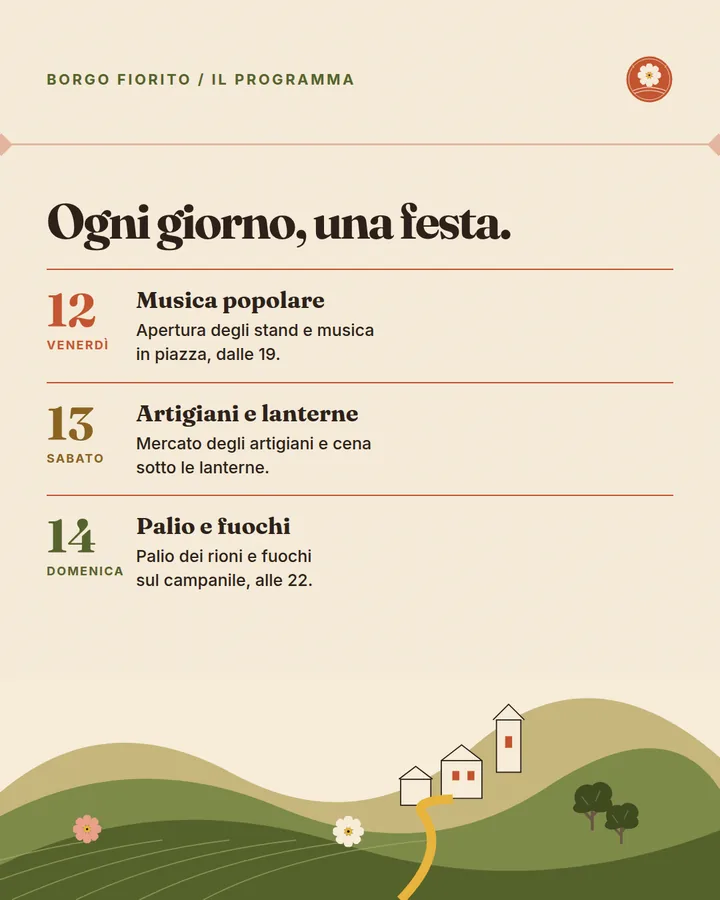 Slide crema con tre righe di programma, musica popolare il 12, artigiani e lanterne il 13, palio e fuochi il 14, sopra le colline del borgo.