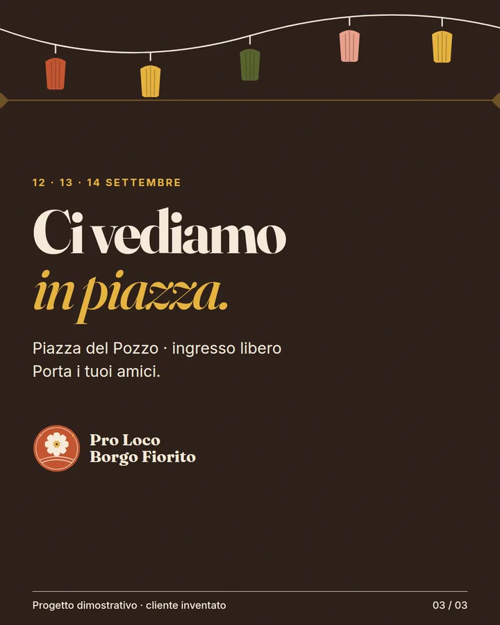 Slide scura con lanterne, logo floreale e invito «Ci vediamo in piazza», il 12–14 settembre in Piazza del Pozzo, a ingresso libero.