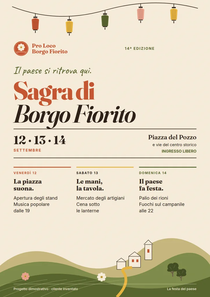 Volantino della Sagra di Borgo Fiorito con emblema floreale, lanterne, date 12–14 settembre, tre colonne di programma e colline illustrate con borgo e campi.
