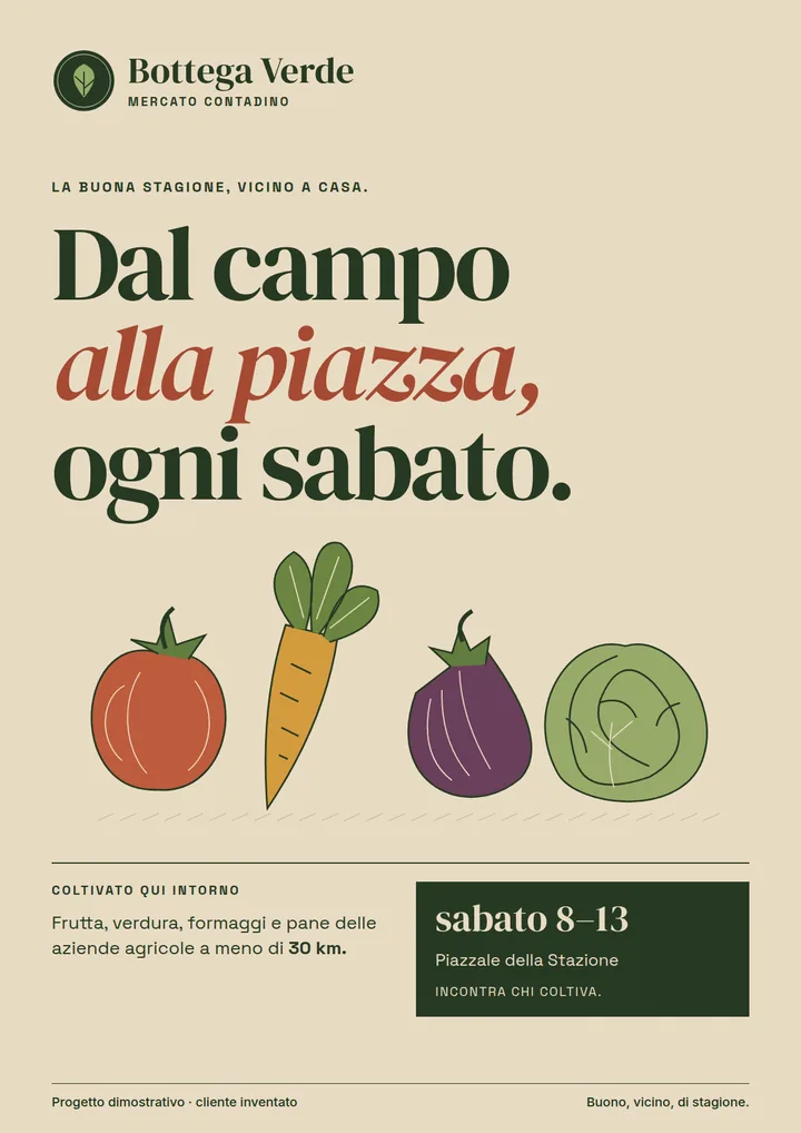 Volantino kraft di Bottega Verde con texture di stampa, pomodoro, carota, melanzana e cavolo illustrati a tratto, e mercato del sabato 8–13 in Piazzale della Stazione.