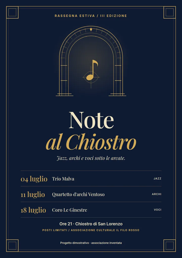 Volantino blu notte e oro di Note al Chiostro con arco a quattro profili, nota musicale, cornice déco e tre serate, 4, 11 e 18 luglio, alle 21.