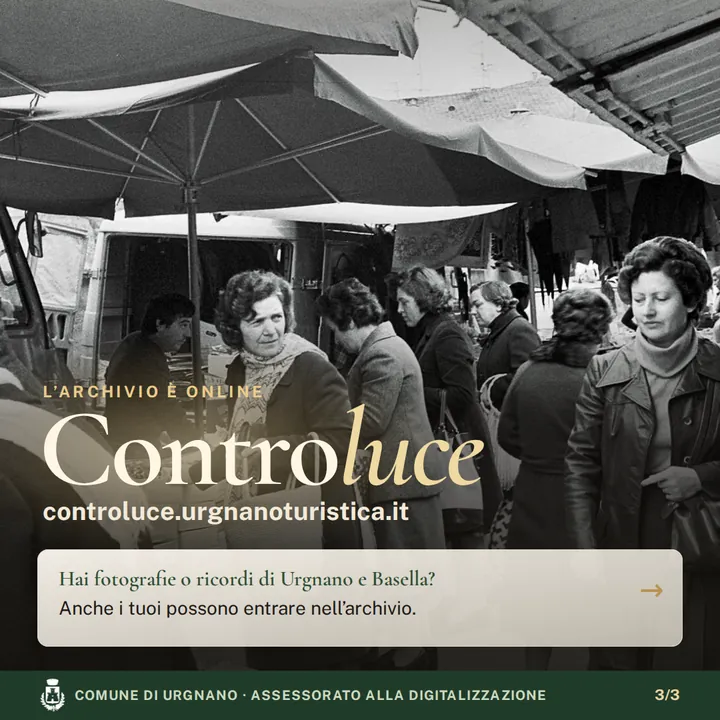 Terza schermata del carosello: il titolo «Controluce», l'indirizzo del sito e l'invito «Hai fotografie o ricordi di Urgnano e Basella? Anche i tuoi possono entrare nell'archivio.»