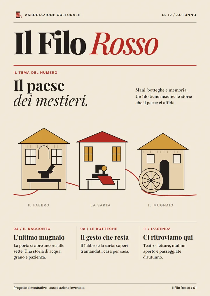Copertina crema di Il Filo Rosso, numero 12 d'autunno, con tre botteghe illustrate lungo un filo rosso, strumenti di fabbro, sarta e mugnaio, e tema «Il paese dei mestieri».