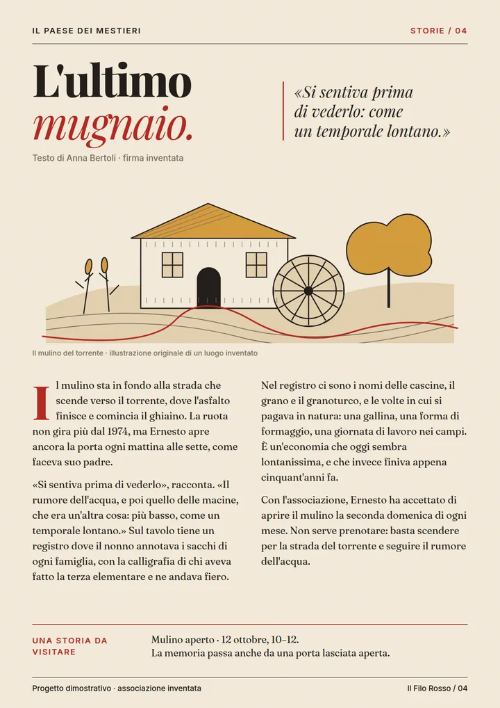 Pagina del racconto inventato «L'ultimo mugnaio» con titolo e citazione, grande illustrazione del mulino con ruota, testo su due colonne e invito alla visita.
