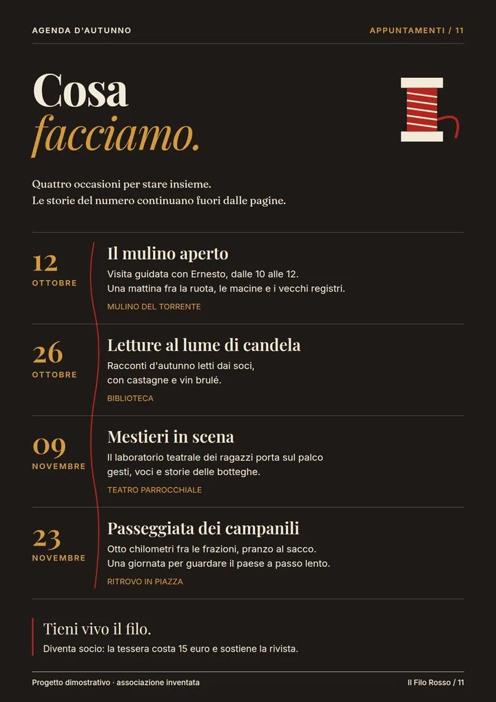 Pagina scura «Cosa facciamo» con rocchetto illustrato, filo rosso e quattro appuntamenti d'autunno, date in ocra, descrizioni, luoghi e invito a diventare socio.