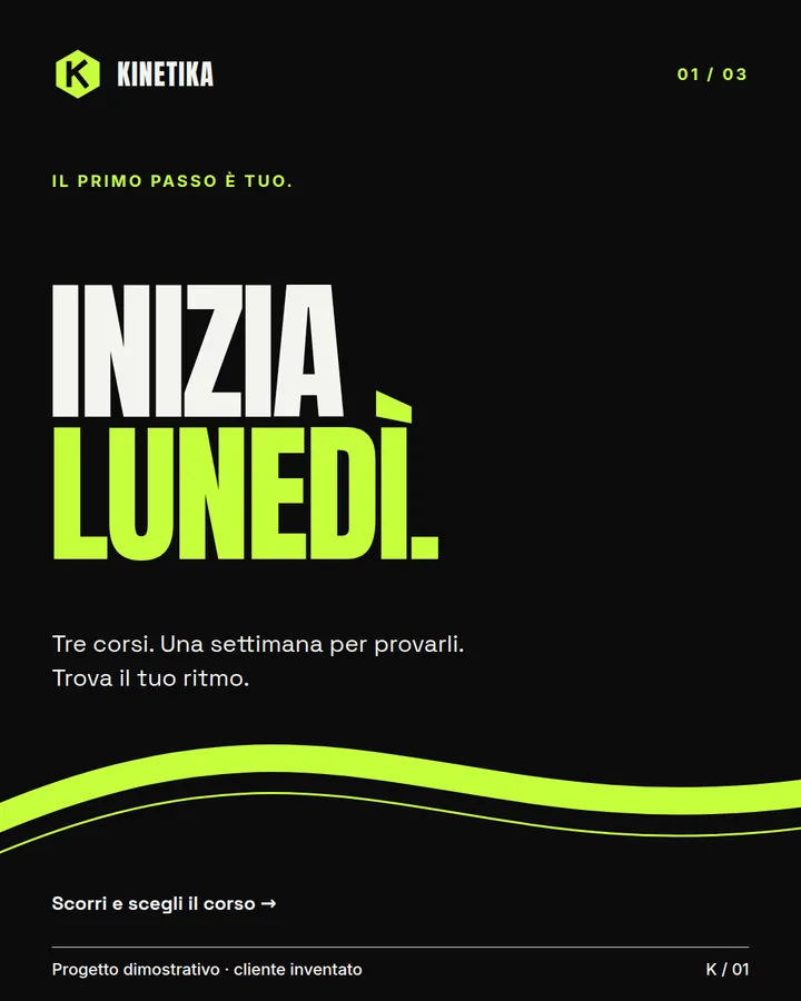 Slide nera di Kinetika con «Inizia lunedì» in bianco e lime e un nastro curvo che prosegue nelle slide successive.