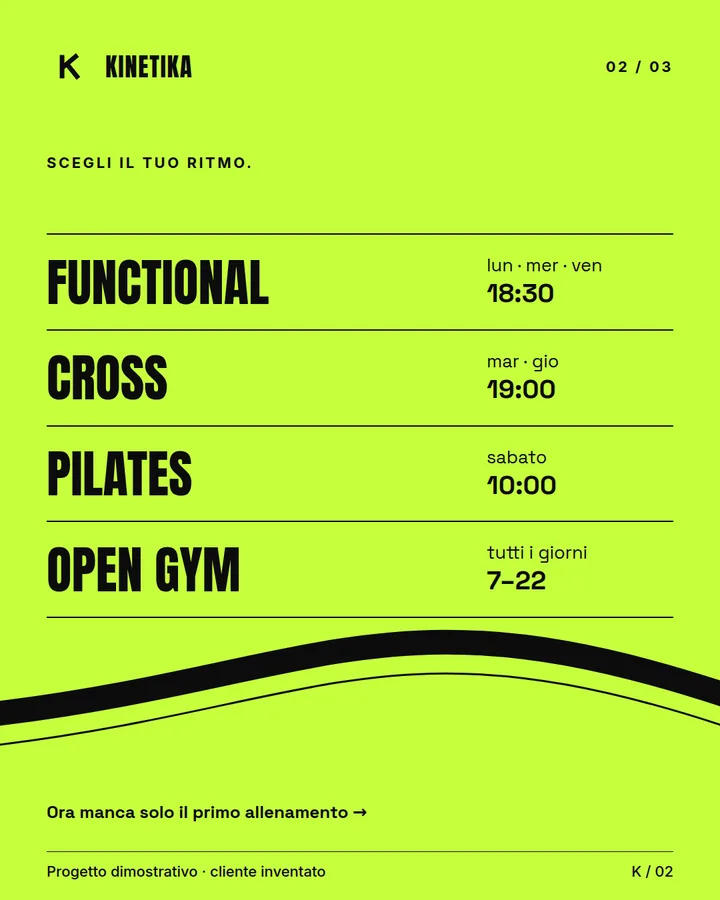 Slide lime con corsi Functional, Cross, Pilates e Open gym, giorni e orari per esteso e il tratto centrale del nastro continuo.