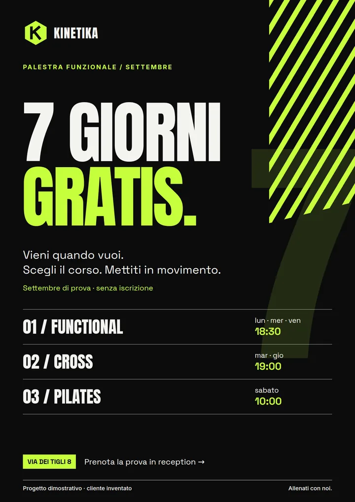 Volantino nero e lime di Kinetika con «7 giorni gratis», diagonali, grande sette di fondo e corsi Functional, Cross e Pilates in righe numerate con orari.
