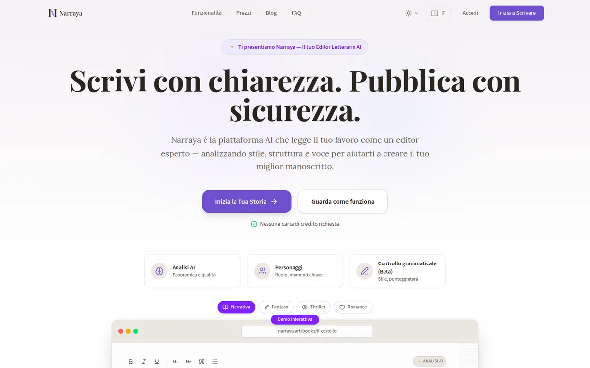 La home di Narraya: il titolo «Scrivi con chiarezza. Pubblica con sicurezza.» e i pulsanti per iniziare