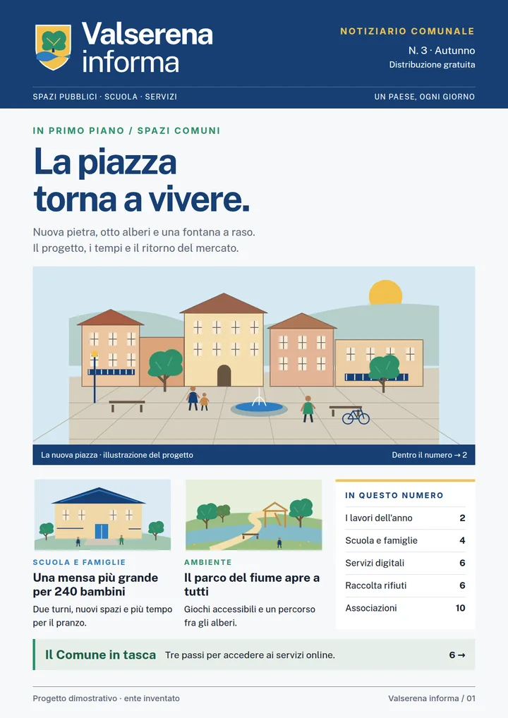 Copertina di Valserena informa con testata blu e stemma inventato, titolo «La piazza torna a vivere», piazza illustrata con persone e fontana, notizie su scuola e parco e sommario.