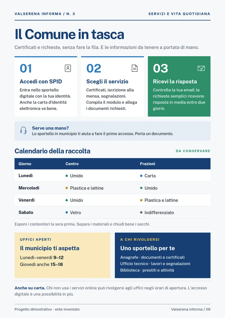 Pagina «Il Comune in tasca» con tre passi illustrati per i servizi digitali, calendario della raccolta differenziata, orari e indicazioni per gli sportelli comunali.